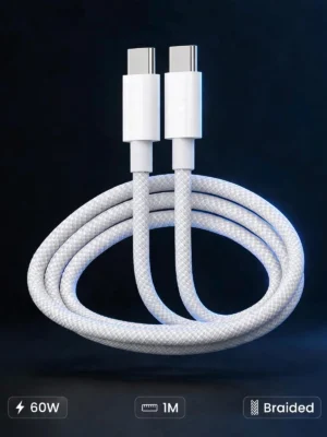 60W USB-C to USB-C Braided Fast Charging Cable (1 Meter) - White