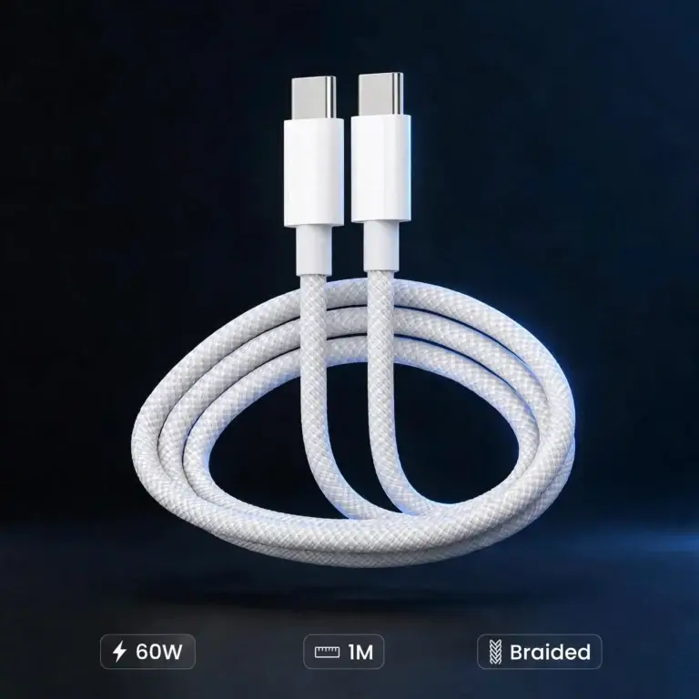60W USB-C to USB-C Braided Fast Charging Cable (1 Meter) – White